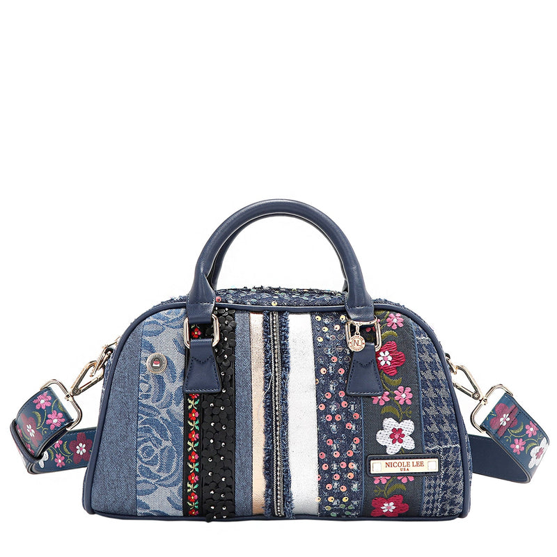 MINI BOWLING BAG WITH FLORAL PATCH (BLUE)