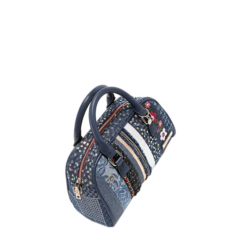 MINI BOWLING BAG WITH FLORAL PATCH (BLUE)