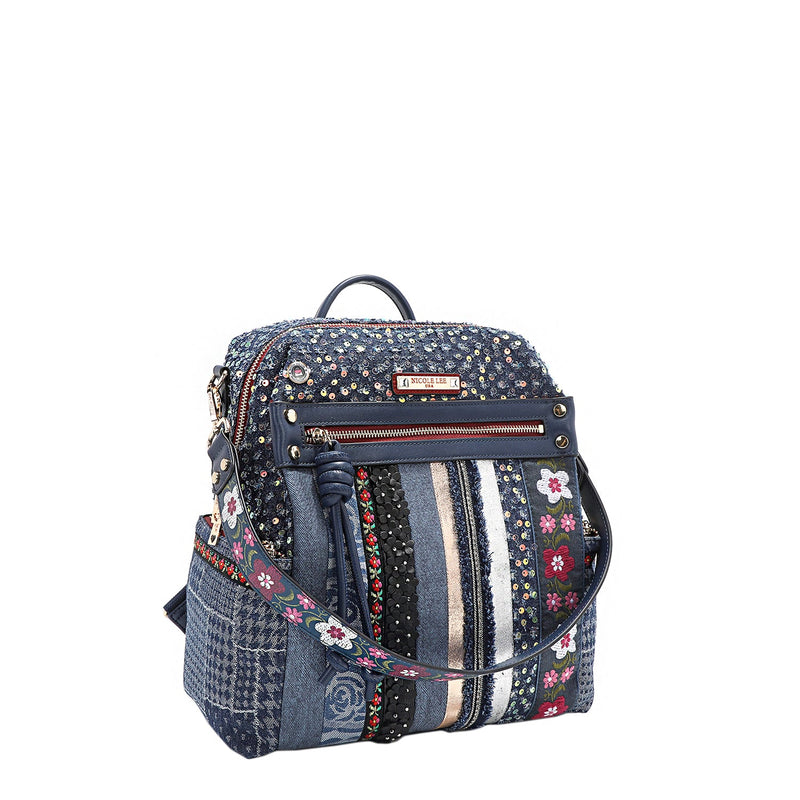 BACKPACK WITH FLORAL PATCH (BLUE)