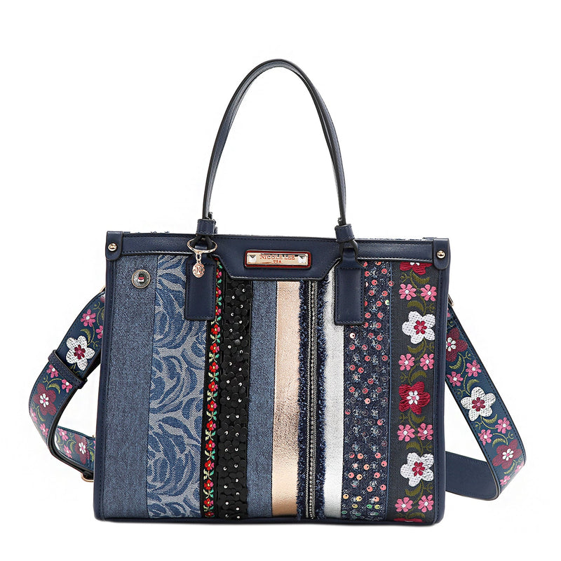 STRUCTURED BAG WITH FLORAL PATCH (BLUE)