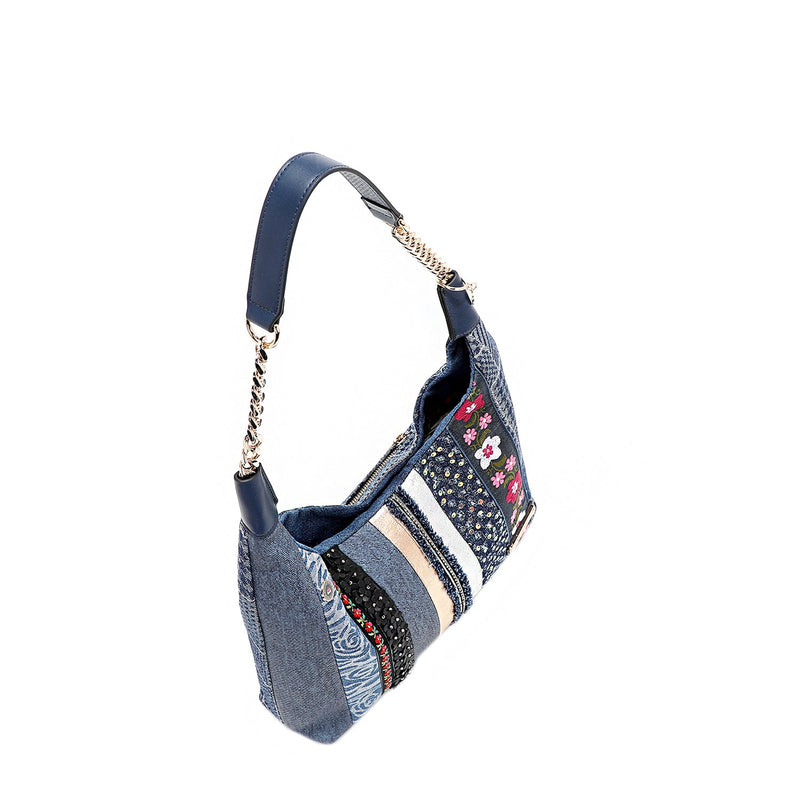 BOLSO HOBO CON PARCHE FLORAL (AZUL)