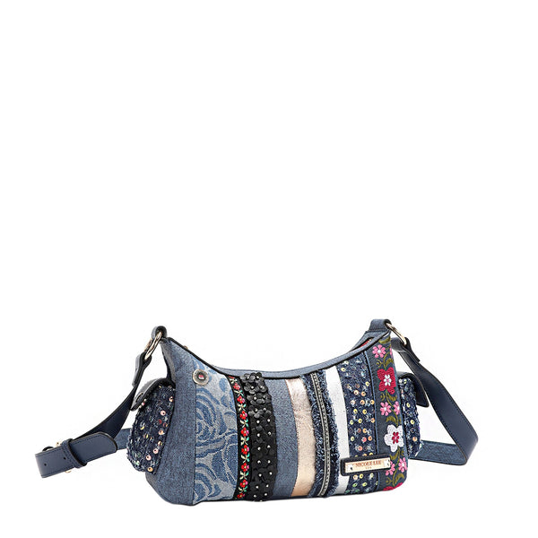 BOLSO CRUZADO CON PARCHE FLORAL (AZUL)