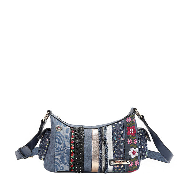 BOLSO CRUZADO CON PARCHE FLORAL (AZUL)