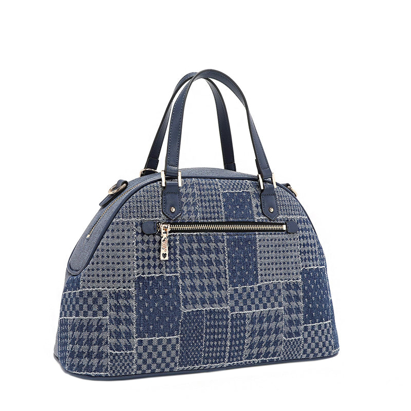 BOLSO DOME SATCHEL CON PARCHE FLORAL (AZUL)