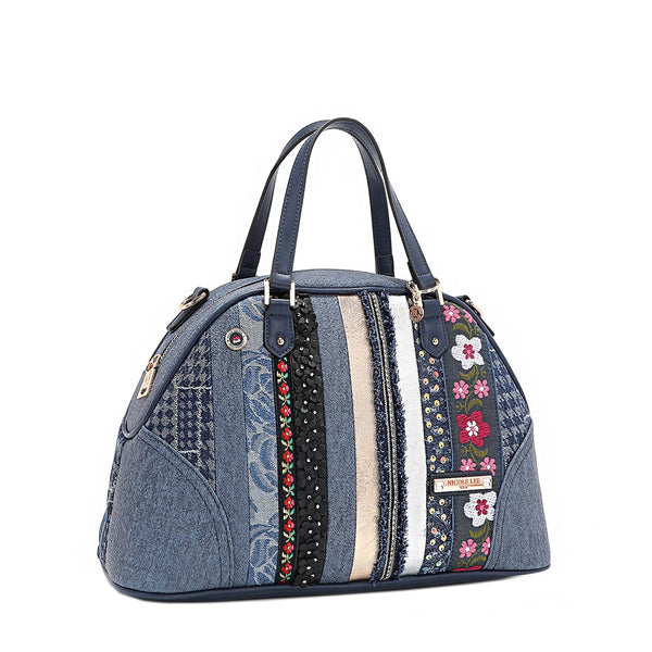 BOLSO DOME SATCHEL CON PARCHE FLORAL (AZUL)