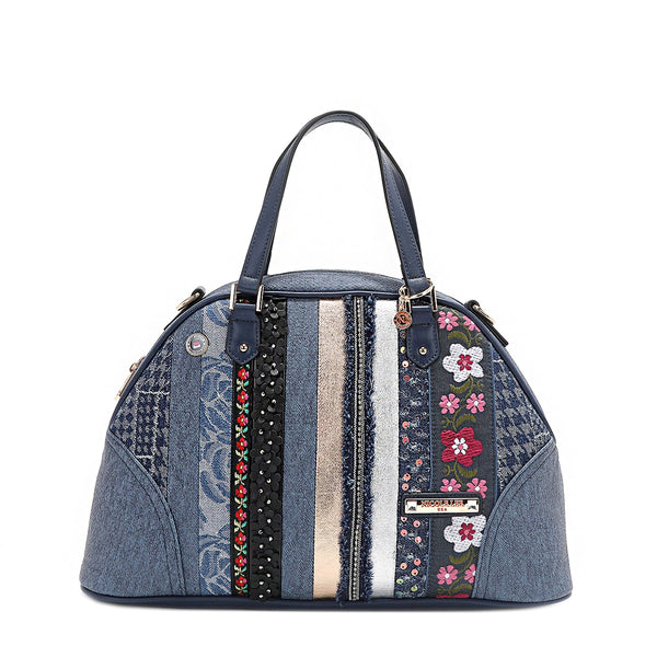 BOLSO DOME SATCHEL CON PARCHE FLORAL (AZUL)