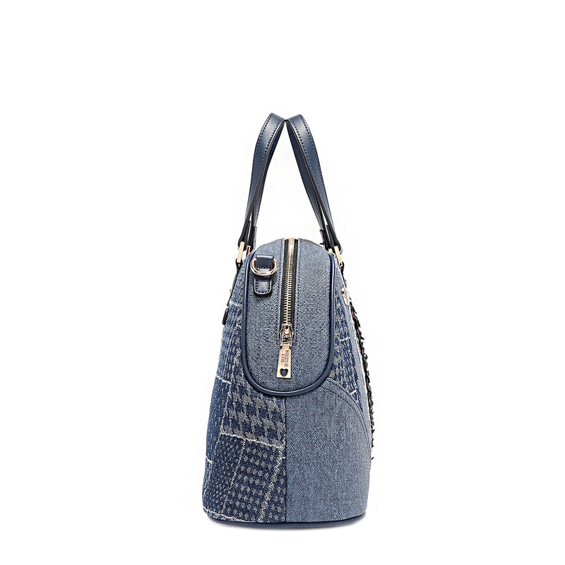 BOLSO DOME SATCHEL CON PARCHE FLORAL (AZUL)