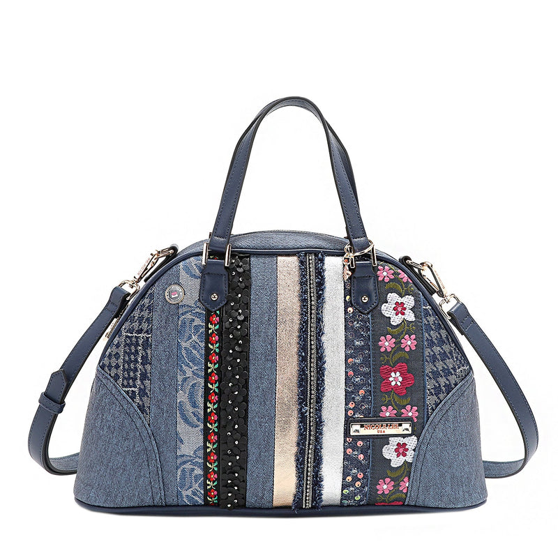 BOLSO DOME SATCHEL CON PARCHE FLORAL (AZUL)