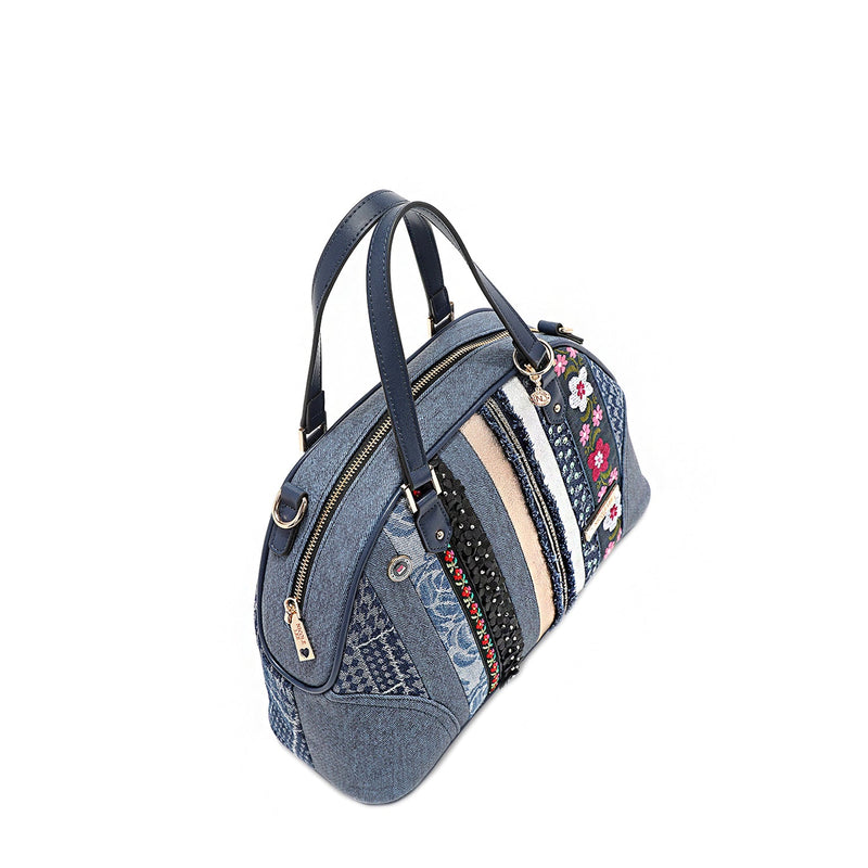 BOLSO DOME SATCHEL CON PARCHE FLORAL (AZUL)