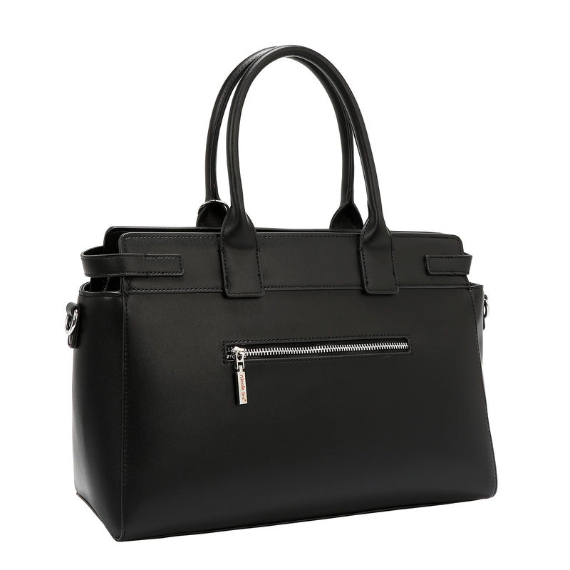 BOLSO SATCHEL CON RECORTES GEOMÉTRICOS (NEGRO)