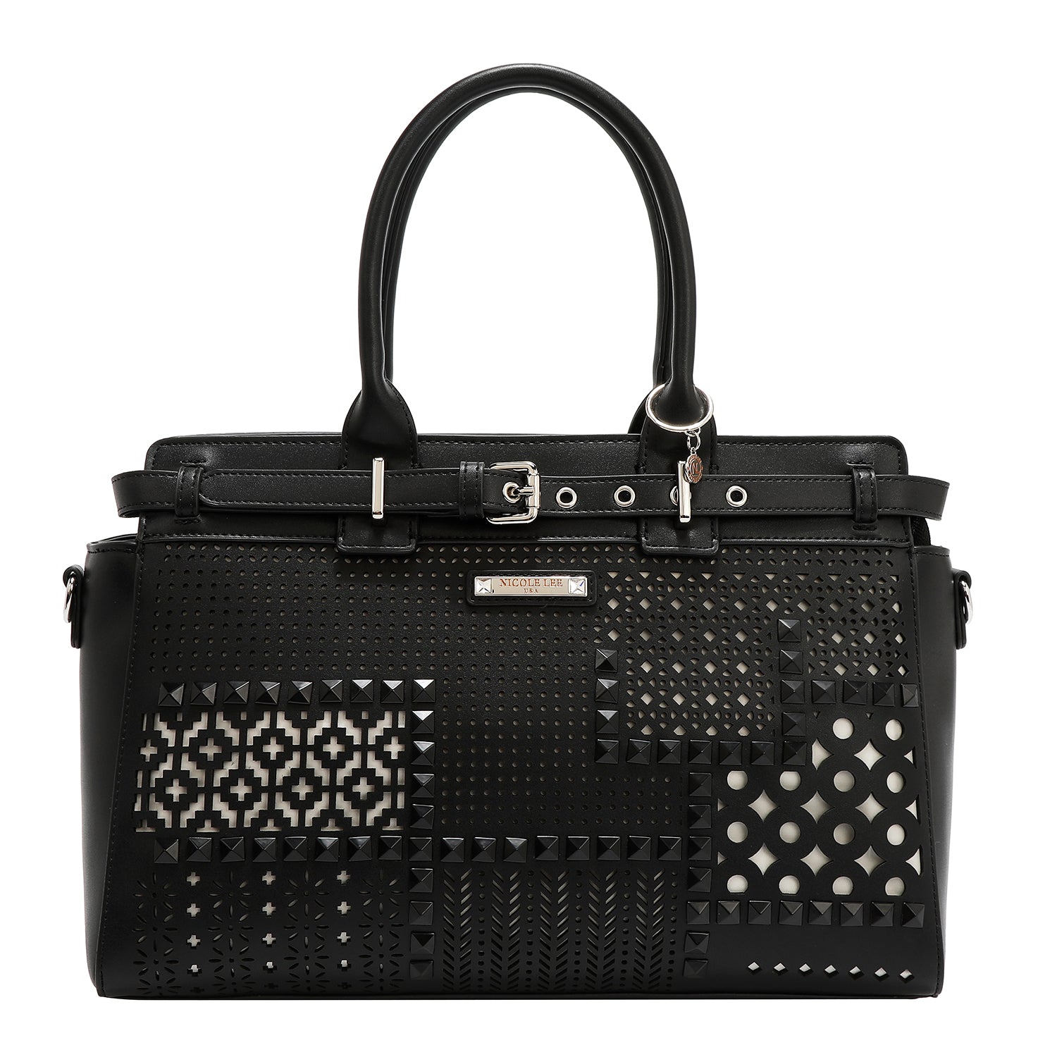 BOLSO SATCHEL CON RECORTES GEOMÉTRICOS (NEGRO)