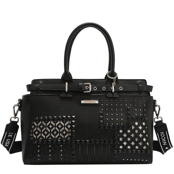 BOLSO SATCHEL CON RECORTES GEOMÉTRICOS (NEGRO)