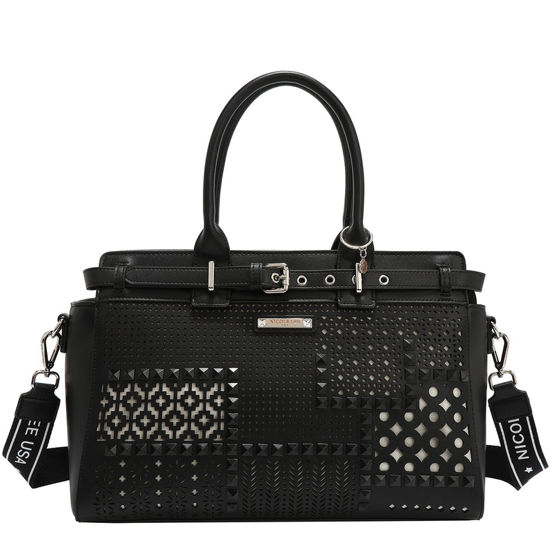 BOLSO SATCHEL CON RECORTES GEOMÉTRICOS (NEGRO)