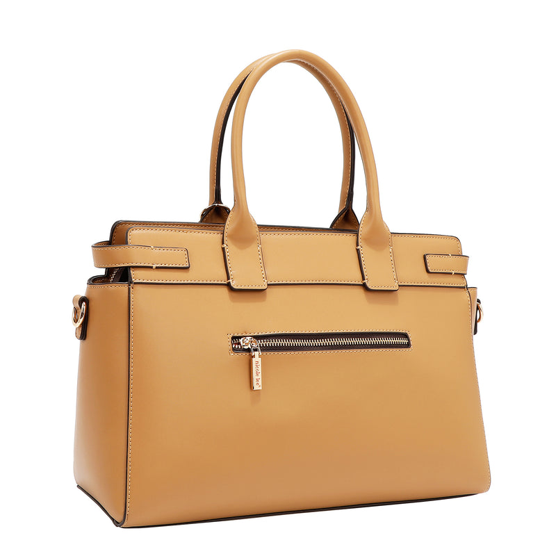 BOLSO SATCHEL CON RECORTES GEOMÉTRICOS (ARENA)