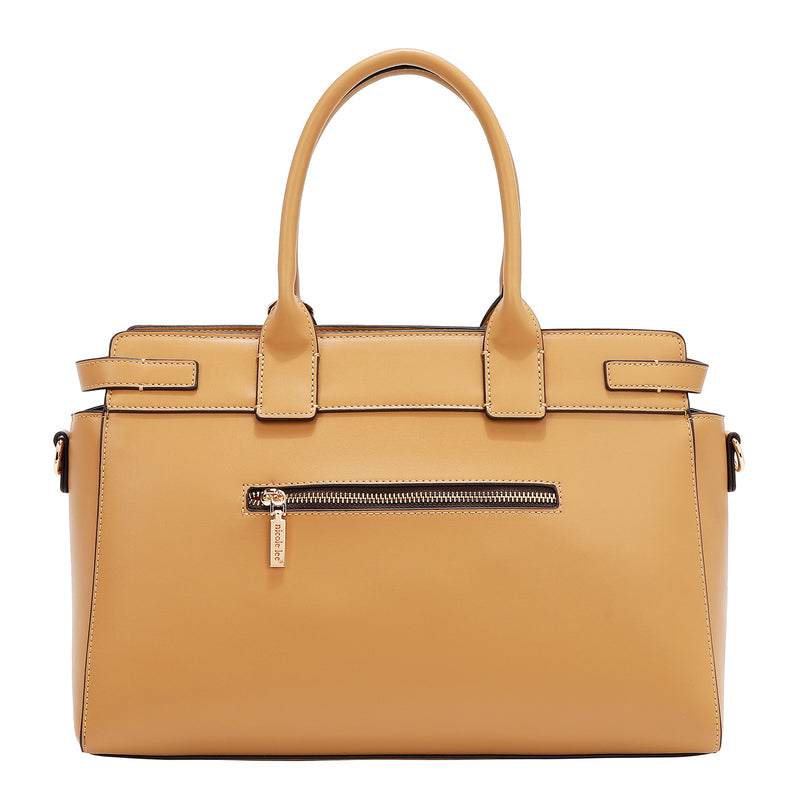 BOLSO SATCHEL CON RECORTES GEOMÉTRICOS (ARENA)