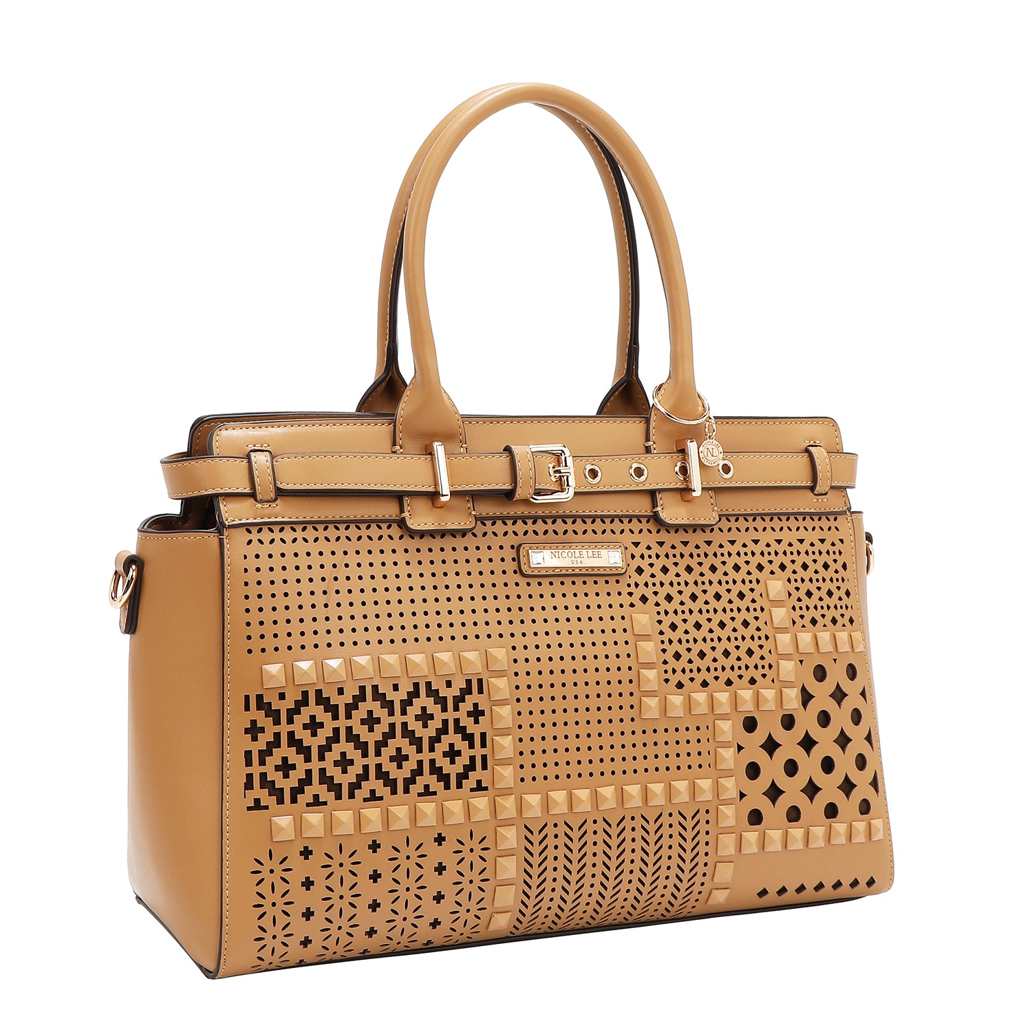 BOLSO SATCHEL CON RECORTES GEOMÉTRICOS (ARENA)