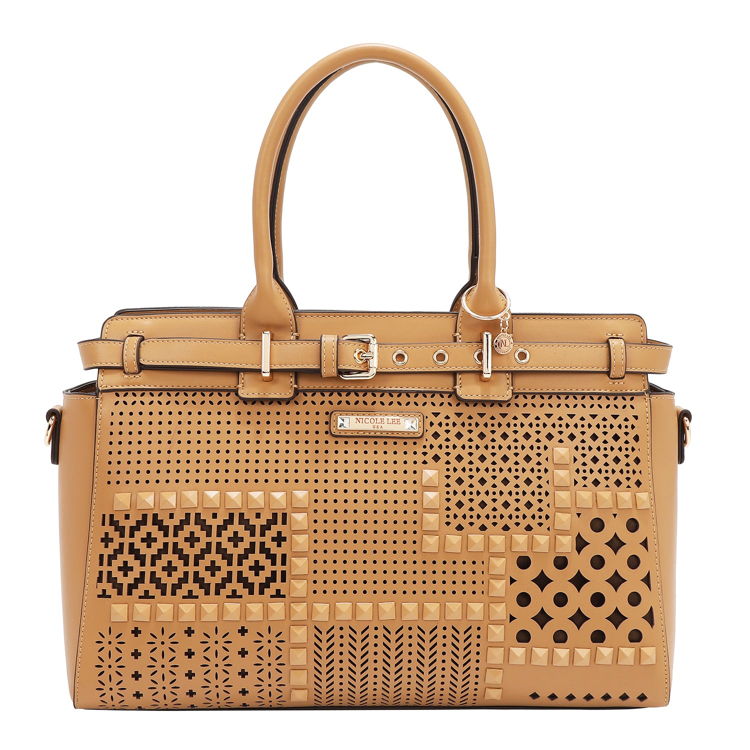 BOLSO SATCHEL CON RECORTES GEOMÉTRICOS (ARENA)