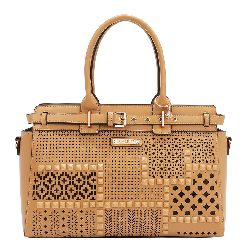 BOLSO SATCHEL CON RECORTES GEOMÉTRICOS (ARENA)