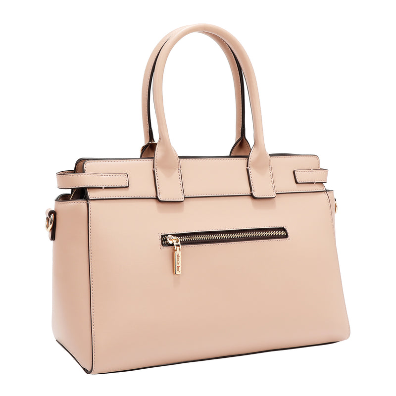 BOLSO SATCHEL CON RECORTES GEOMÉTRICOS (ROSA)