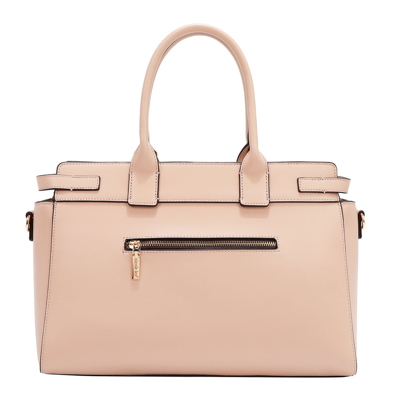 BOLSO SATCHEL CON RECORTES GEOMÉTRICOS (ROSA)