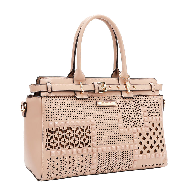 BOLSO SATCHEL CON RECORTES GEOMÉTRICOS (ROSA)