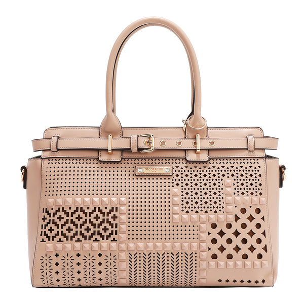 BOLSO SATCHEL CON RECORTES GEOMÉTRICOS (ROSA)
