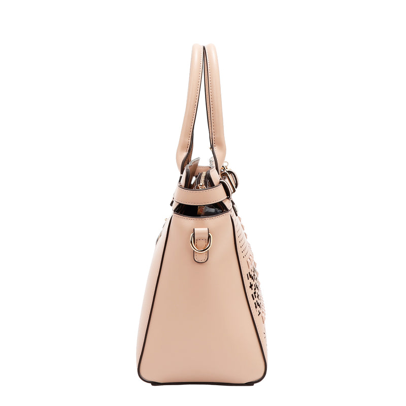 BOLSO SATCHEL CON RECORTES GEOMÉTRICOS (ROSA)