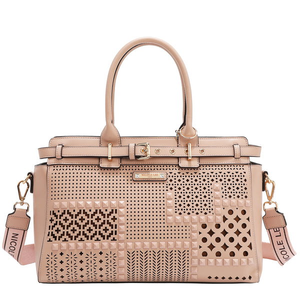 BOLSO SATCHEL CON RECORTES GEOMÉTRICOS (ROSA)