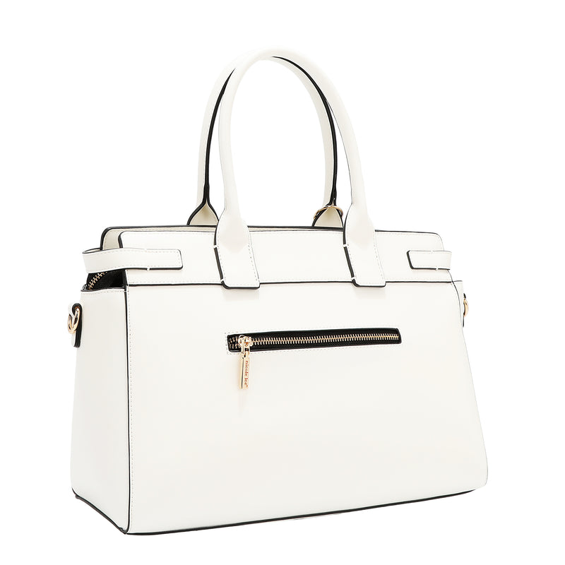 BOLSO SATCHEL CON RECORTES GEOMÉTRICOS (BLANCO)