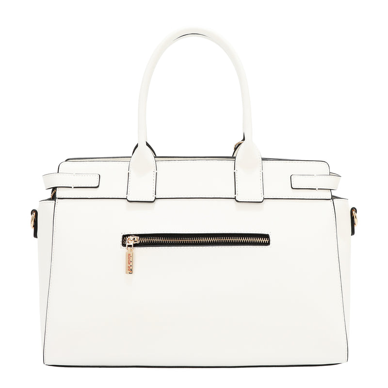BOLSO SATCHEL CON RECORTES GEOMÉTRICOS (BLANCO)