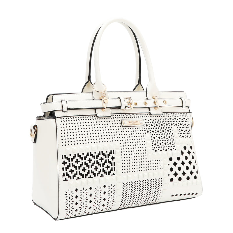BOLSO SATCHEL CON RECORTES GEOMÉTRICOS (BLANCO)