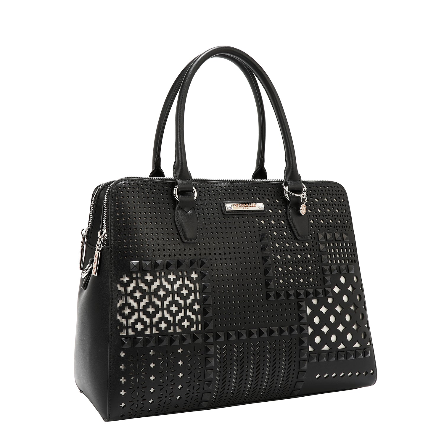 BOLSO DE MANO CON RECORTES GEOMÉTRICOS (NEGRO)