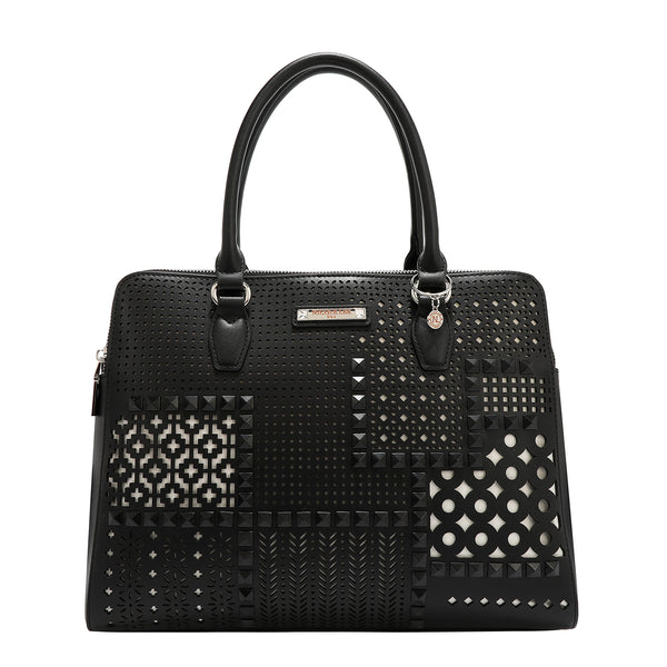 BOLSO DE MANO CON RECORTES GEOMÉTRICOS (NEGRO)