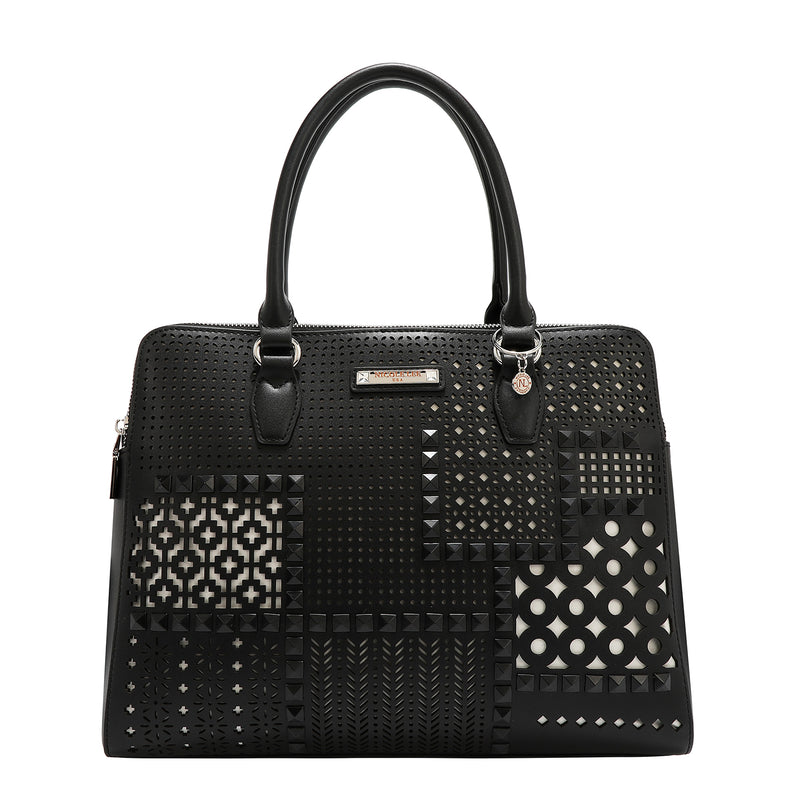 BOLSO DE MANO CON RECORTES GEOMÉTRICOS (NEGRO)