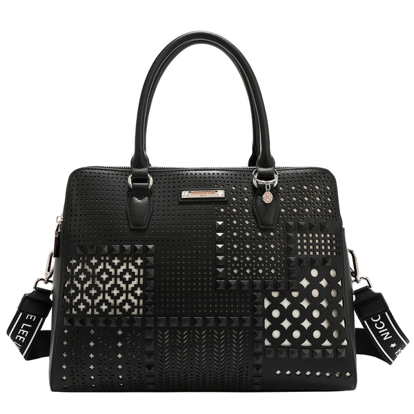 BOLSO DE MANO CON RECORTES GEOMÉTRICOS (NEGRO)