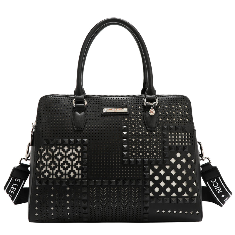 BOLSO DE MANO CON RECORTES GEOMÉTRICOS (NEGRO)