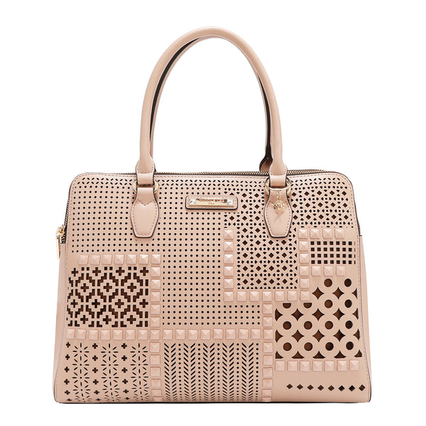 BOLSO DE MANO CON RECORTES GEOMÉTRICOS (ROSA)