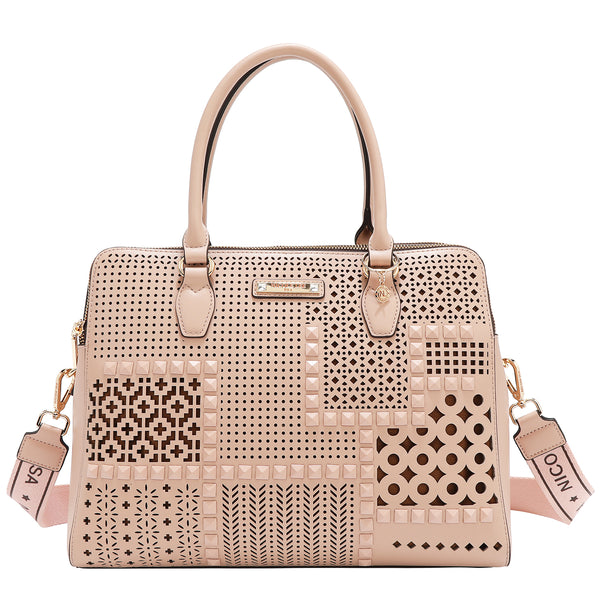 BOLSO DE MANO CON RECORTES GEOMÉTRICOS (ROSA)