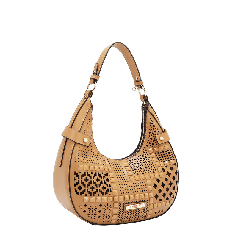 BOLSO DE HOMBRO CON RECORTE GEOMÉTRICO (ARENA)