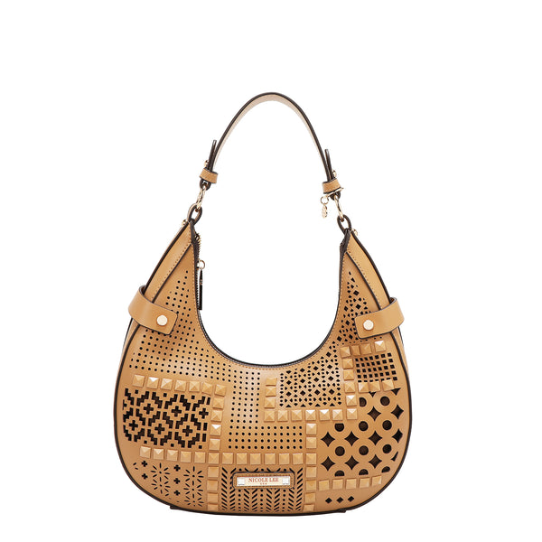 BOLSO DE HOMBRO CON RECORTE GEOMÉTRICO (ARENA)