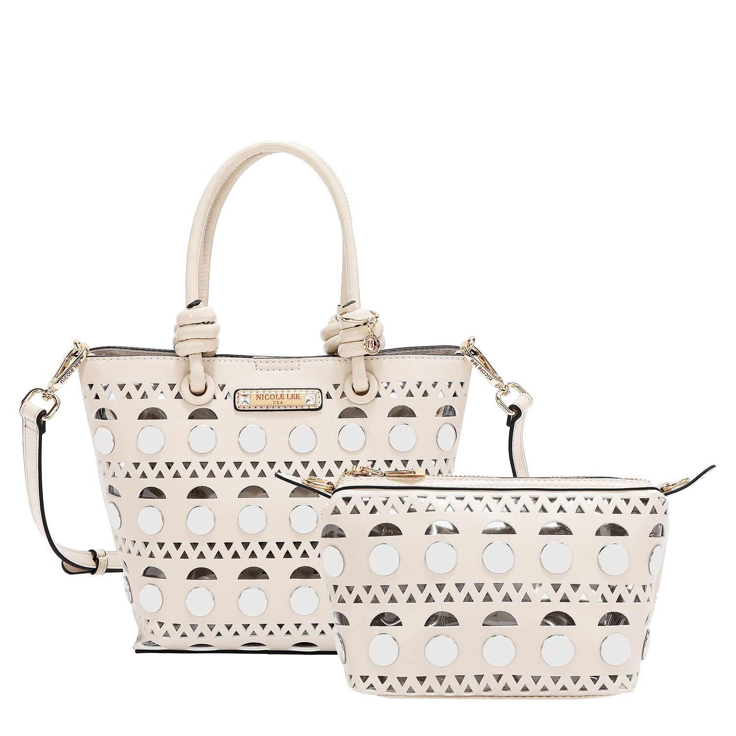 BOLSO DE CUBO DE 2 PIEZAS CON REMACHES PLATEADOS (BEIGE)