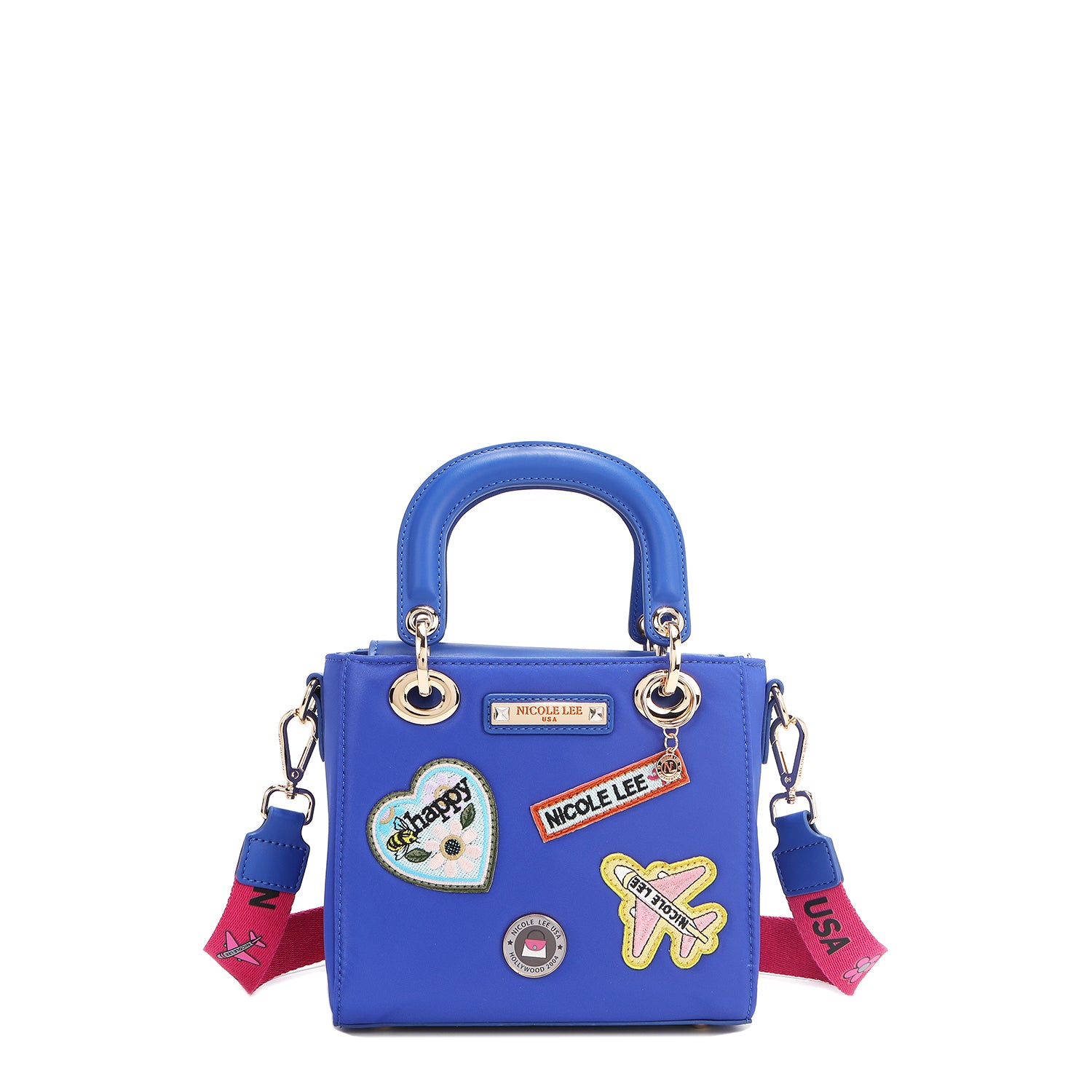 BOLSO DE MANO CON PARCHES DE COLORES (AZUL)