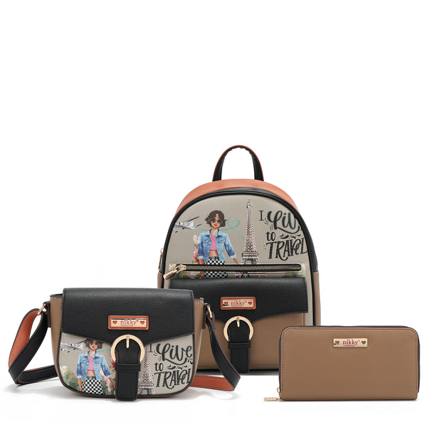 BACKPACK, SHOULDER BAG, WALLET SET (<tc>I LIVE TO TRAVEL</tc>)
