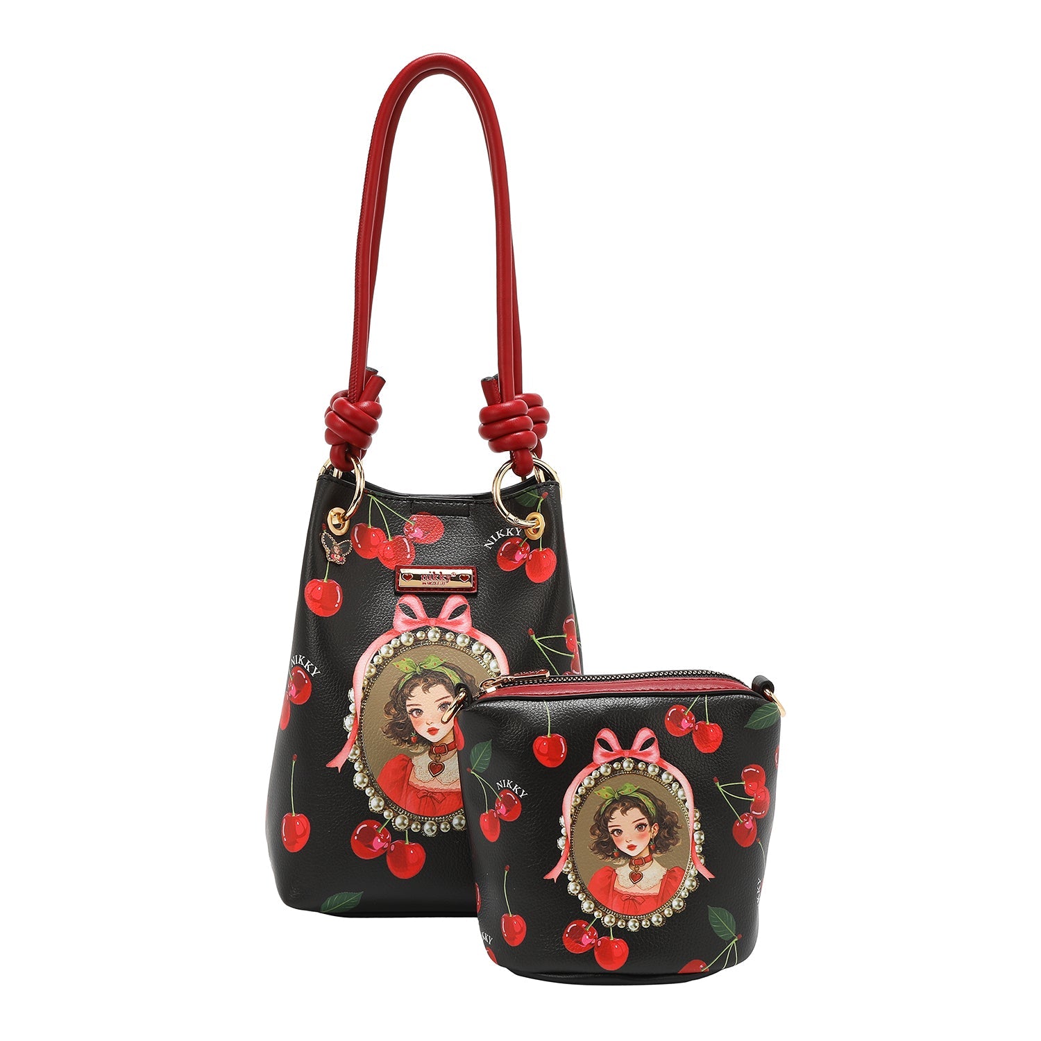 BOLSO DE HOMBRO CON TIPO CUBO DE 2 PIEZAS (CHERRY LIPS-BLACK)