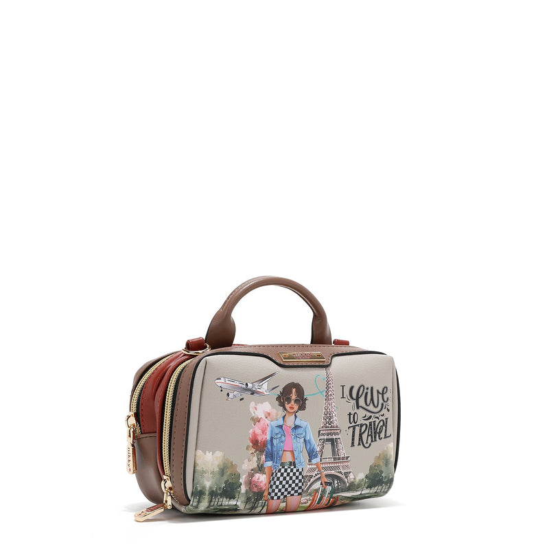 MINI BOSTON CROSSBODY BAG WITH DOUBLE ZIPPER (<tc>I LIVE TO TRAVEL</tc>)