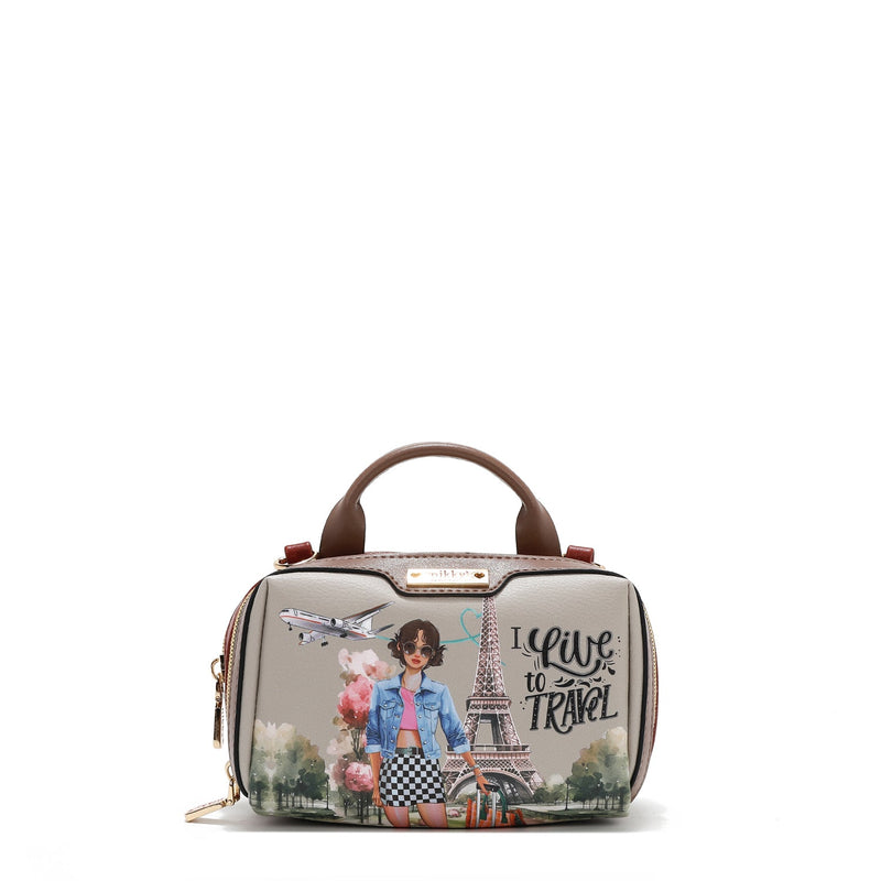 MINI BOSTON CROSSBODY BAG WITH DOUBLE ZIPPER (<tc>I LIVE TO TRAVEL</tc>)