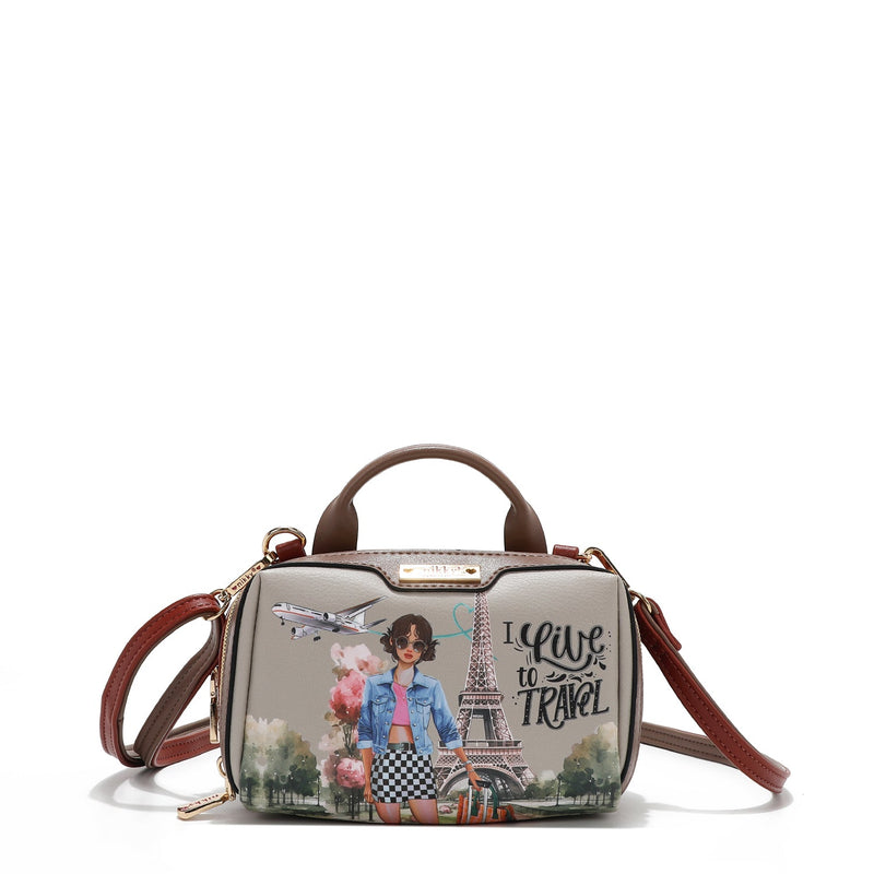 MINI BOSTON CROSSBODY BAG WITH DOUBLE ZIPPER (<tc>I LIVE TO TRAVEL</tc>)
