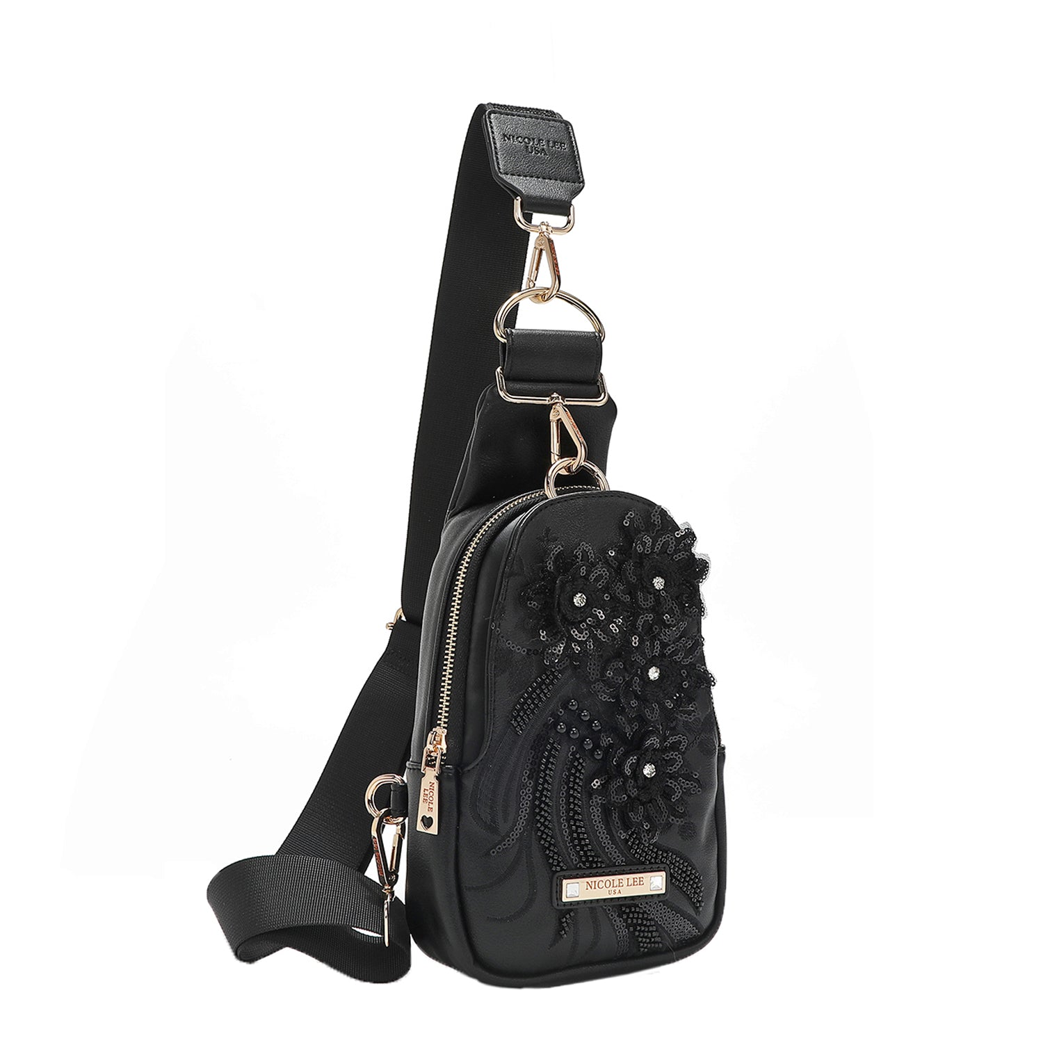 CROSSBODY BACKPACK WITH SEQUIN FLOWERS (BLACK)