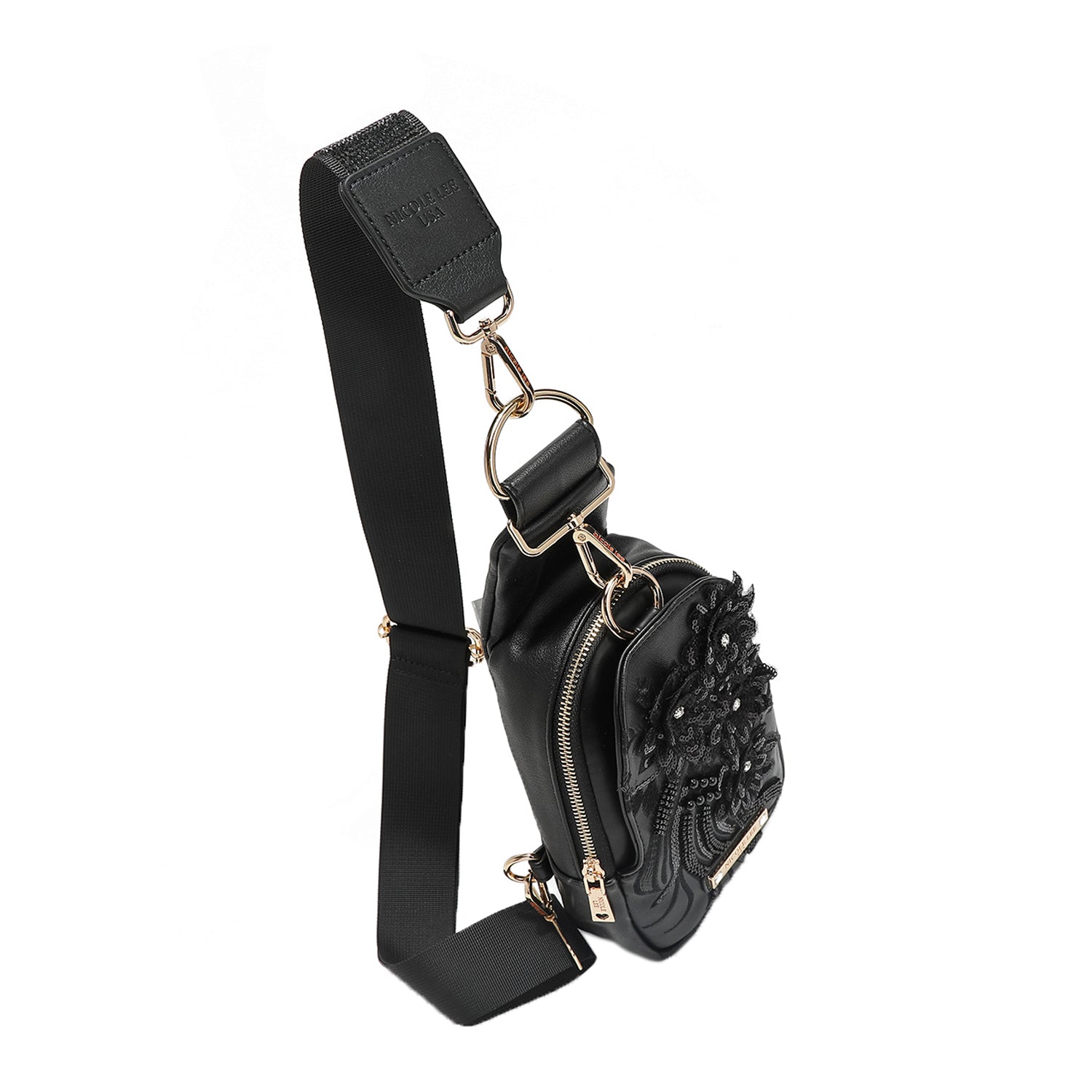 CROSSBODY BACKPACK WITH SEQUIN FLOWERS (BLACK)
