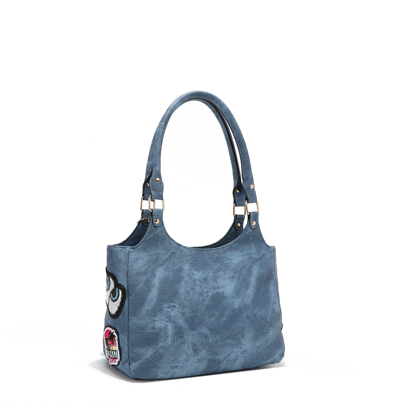 BOLSO DE HOMBRO CON MÚLTIPLES PARCHES (AZUL)